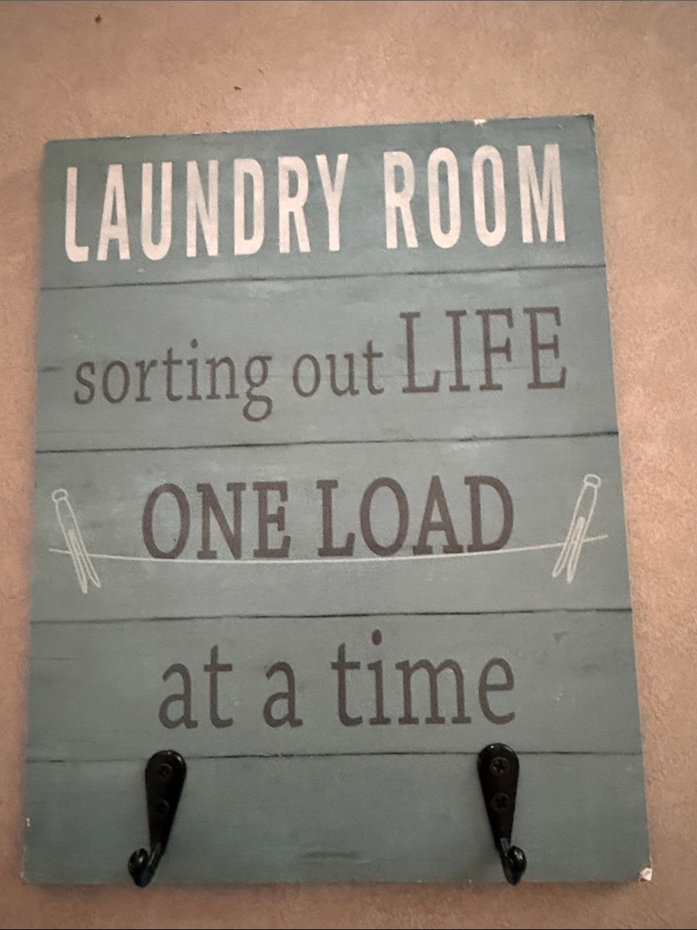 Laundry Room Wall Sign in Teal with Hooks